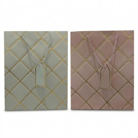 SACOLA PARA PRESENTE LUXO PRATA E ROSA 32X26X12CM REF FJ91187