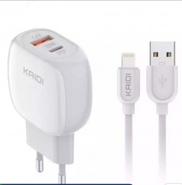CARREGADOR COM CABO IPHONE 20W TURBO COM 1 ENTRADA USB E 1 TIPO C REF KD-106-A