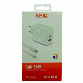 CARREGADOR COM CABO TIPO C X IPHONE 65W TURBO COM 1 ENTRADA USB E 1 TIPO C REF KD-681CL