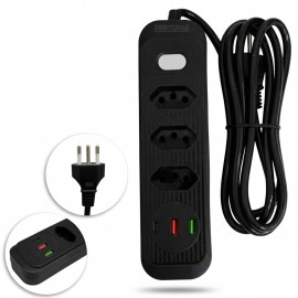 FILTRO DE LINHA 3 TOMADAS 1USB-C 2USB PRETO REF AR1014